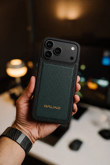 Premium Green Pebbled Leather iPhone Case with Golden Metal BRUNE Logo