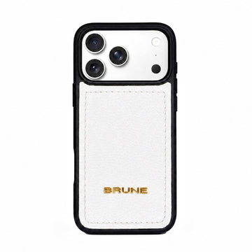 Premium White Pebbled Leather iPhone Case with Golden Metal BRUNE Logo