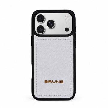 Premium White Pebbled Leather iPhone Case with Golden Metal BRUNE Logo