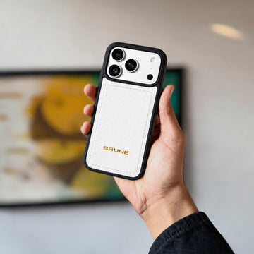 Premium White Pebbled Leather iPhone Case with Golden Metal BRUNE Logo