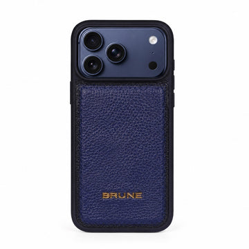 Premium Blue Pebbled Leather iPhone Case with Golden Metal BRUNE Logo