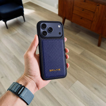 Premium Blue Pebbled Leather iPhone Case with Golden Metal BRUNE Logo