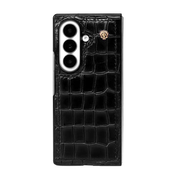 Luxury Black Croco Leather Z Fold 8 Ultra Case with Signature Lion Logo