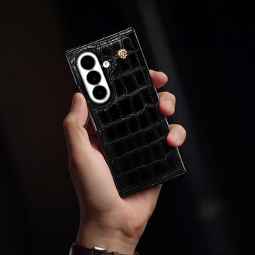 Luxury Black Croco Embossed Leather Z Fold 8 Ultra Case with Signature Lion Logo