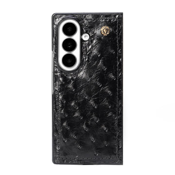 Exotic Black Ostrich Leather Z Fold 8 Ultra Case with Signature Lion Logo