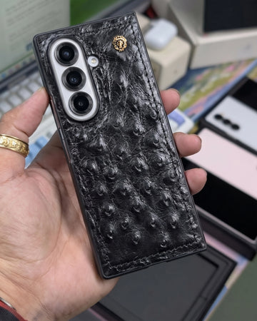 Exotic Black Ostrich Leather Z Fold 8 Ultra Case with Signature Lion Logo