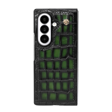 Luxury Green Croco Leather Z Fold 8 Ultra Case with Signature Lion Logo