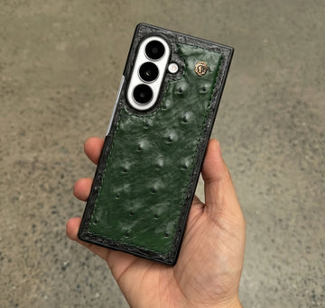 Exotic Green Ostrich Leather Z Fold 8 Ultra Case with Signature Lion Logo