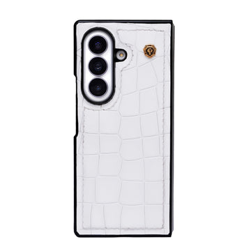 Luxury White Croco Leather Z Fold 8 Ultra Case with Signature Lion Logo