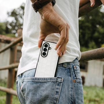 Luxury White Croco Leather Z Fold 8 Ultra Case with Signature Lion Logo