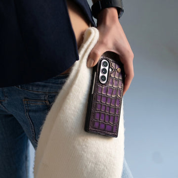 Luxury Purple Croco Leather Z Fold 8 Ultra Case with Signature Lion Logo