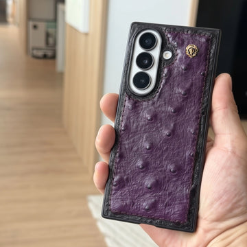 Exotic Purple Ostrich Leather Z Fold 8 Ultra Case with Signature Lion Logo