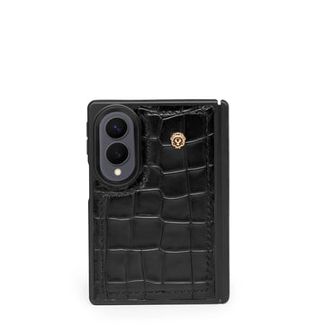 Premium Croco Embossed Black Leather ZFold8 Phone Case with Metal Lion Logo
