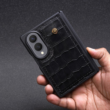 Premium Croco Embossed Black Leather ZFold8 Phone Case with Metal Lion Logo