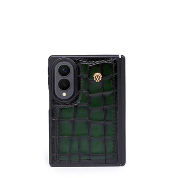 Premium Croco Embossed Green Leather Z Fold 8 Ultra Phone Case with Metal Lion Logo