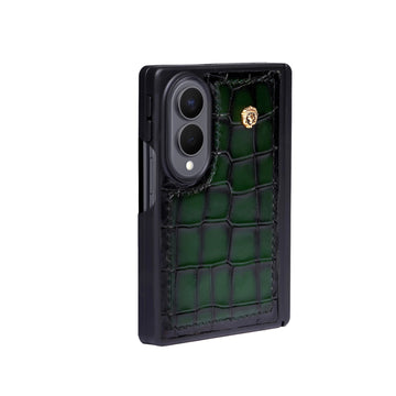 Premium Croco Embossed Green Leather ZFold8 Phone Case with Metal Lion Logo
