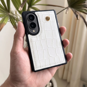 Premium White Embossed Leather ZFold8 Phone Case with Metal Lion Logo
