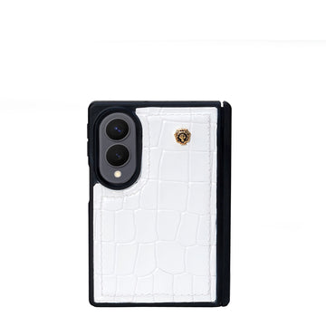 Premium White Embossed Leather ZFold8 Phone Case with Metal Lion Logo