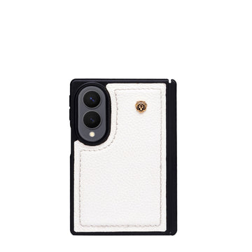 Premium Pebbled White Leather Z Fold 8 Ultra Phone Case with Metal Lion Logo