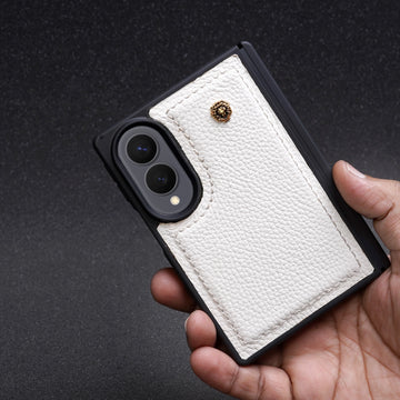 Premium Pebbled White Leather Z Fold8 Phone Case with Metal Lion Logo