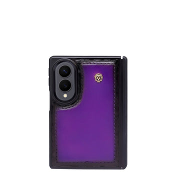 Premium Croco Embossed Purple Leather ZFold8 Phone Case with Metal Lion Logo