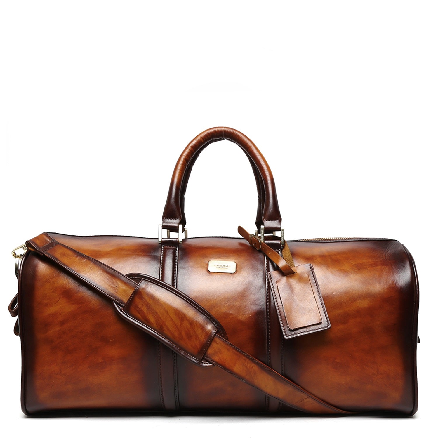 Brune & Bareskin Veg Tanned Tan Hand Painted Leather Duffle Bag With Golden Accent