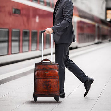 Full Deep Cut Croco Smoky Cognac Leather Quad Wheel Cabin Strolley Travel Bag