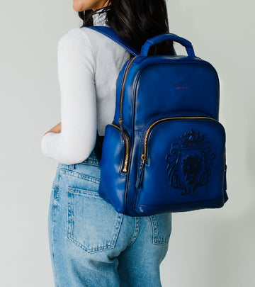 Women Travel-College Backpack in Blue Leather with Signature Lion By Brune & Bareskin