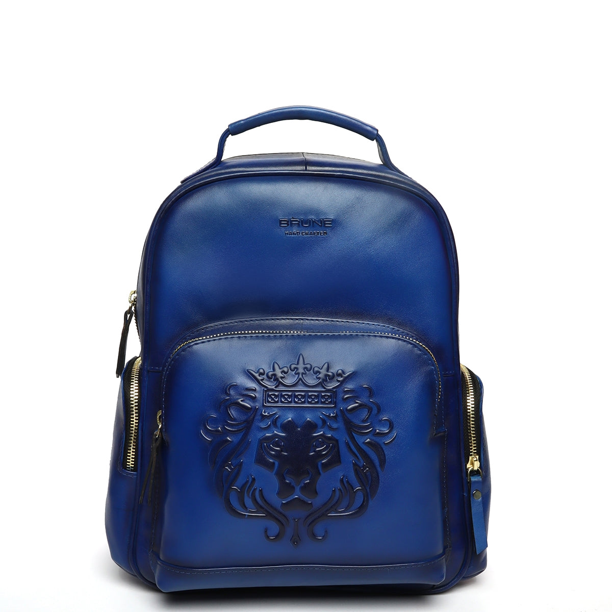 Women Travel-College Backpack in Blue Leather with Signature Lion By Brune & Bareskin