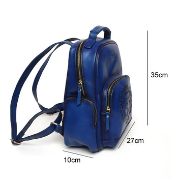 Women Travel-College Backpack in Blue Leather with Signature Lion By Brune & Bareskin