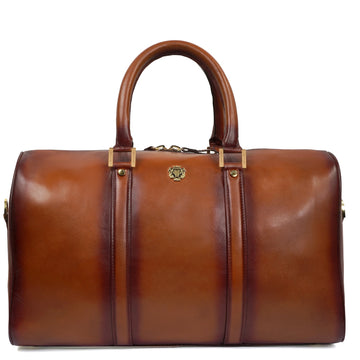 Hand Crafted Laptop Compartment Metal Lion Tan Leather Duffle Bag With Bag Tag By Brune & Bareskin