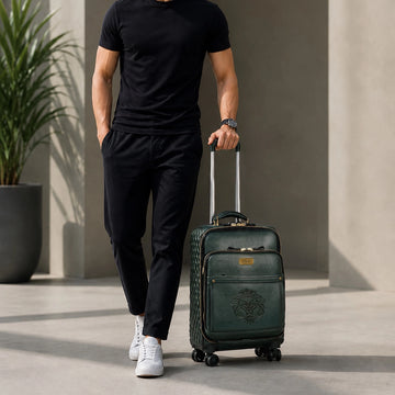 Premium Green Pebbled Leather Cabin Trolley with Quilted Diamond Stitch Design