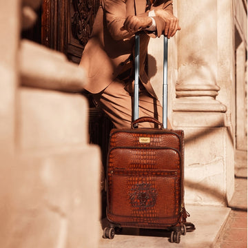 Luggage Strolley Leather Tan Croco Textured with Diamond Stitched Quad Wheel Cabin Bag