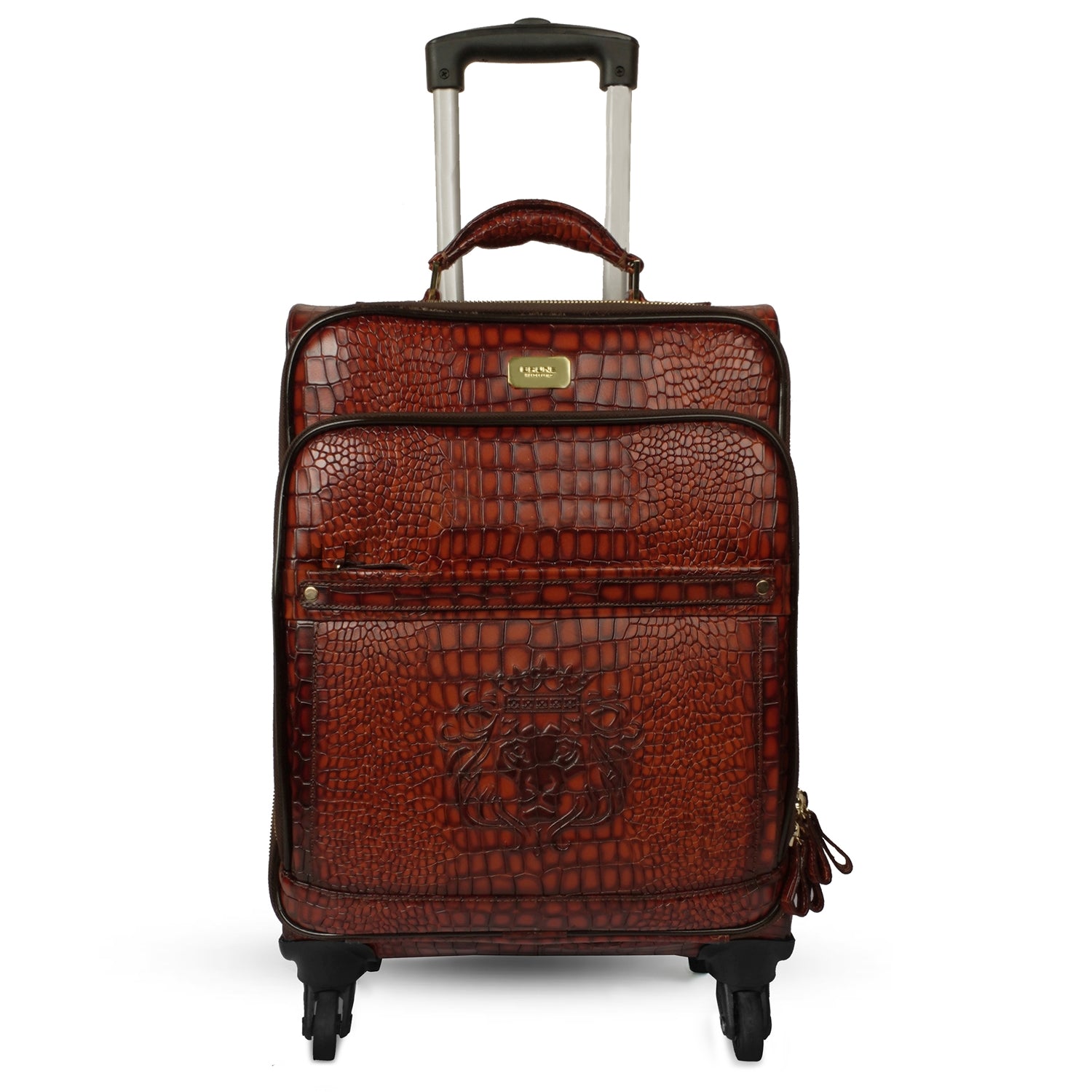 Luggage Strolley Leather Tan Croco Textured with Diamond Stitched Quad Wheel Cabin Bag