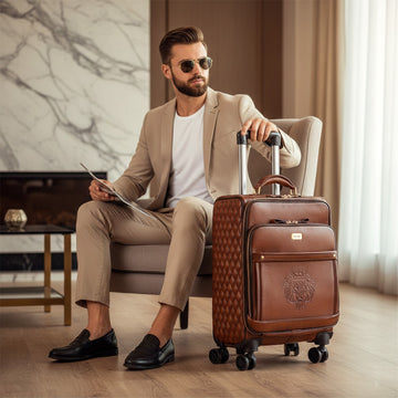 Tan Textured Leather Diamond Stitched Quad Wheel Trolley Bag