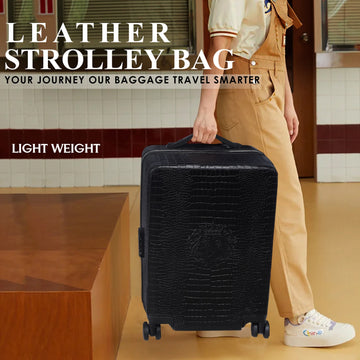 Cabin Luggage Strolley Bag in Black Deep Cut Leather (360 Rotation)