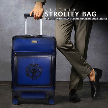 Blue Wheel Leather Strolley Travel Bag With Golden Zipper