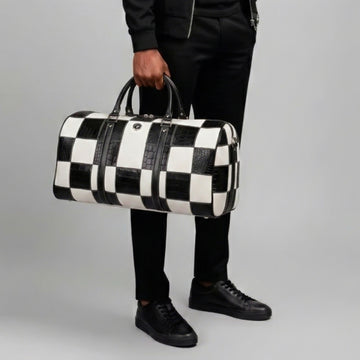 Black & White Checkered Leather Duffle Bag with Croco Embossed Panels