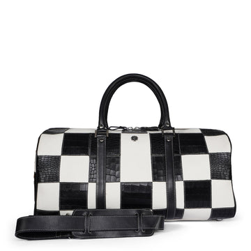 Black & White Checkered Leather Duffle Bag with Croco Embossed Panels
