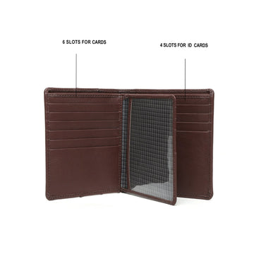 Brown passport holder with metal lion logo and wallet+ cards slots in one .