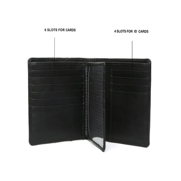 Black leather passport cover with card and wallet features by Brune & Bareskin .