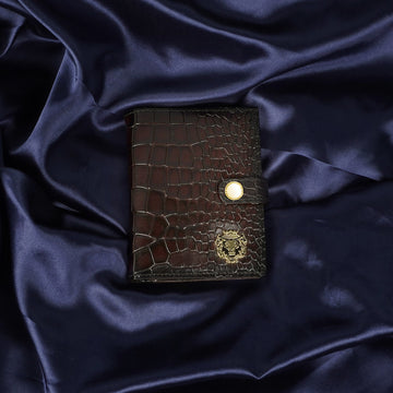 Stylish Deep Cut Croco Smokey Dark Brown Leather Button Closure Passport Holder By Brune & Bareskin