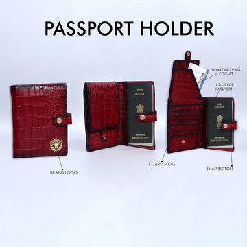 Wine Leather Passport Holder in Croco Textured with Snap Button