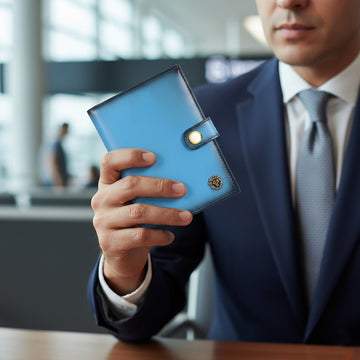Sky Blue Leather Passport Holder with Foldable Boarding Pass Pocket
