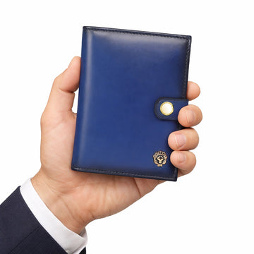 Blue Leather Passport Holder with Foldable Boarding Pass Pocket