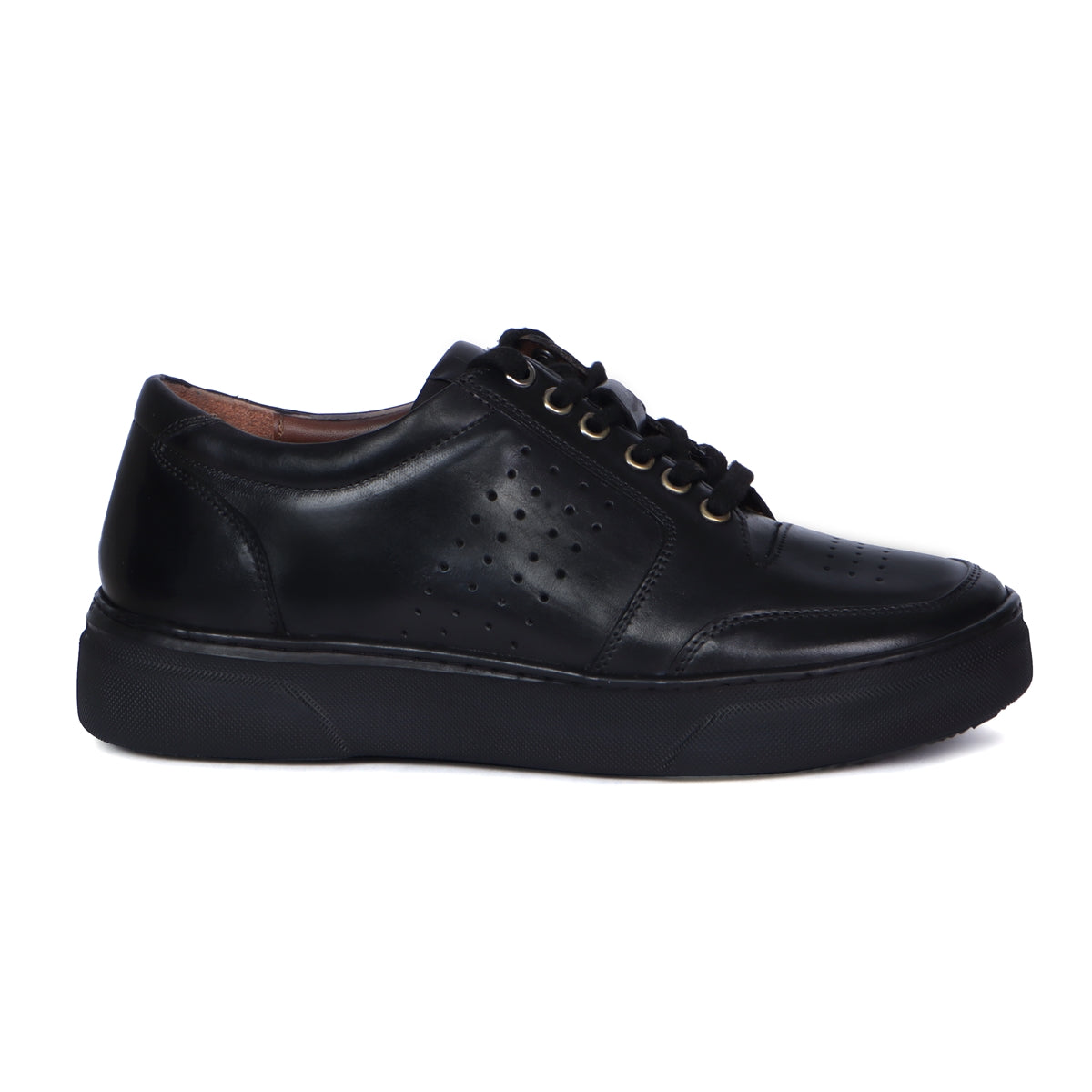 Black Leather Low Top Perforated Sneakers