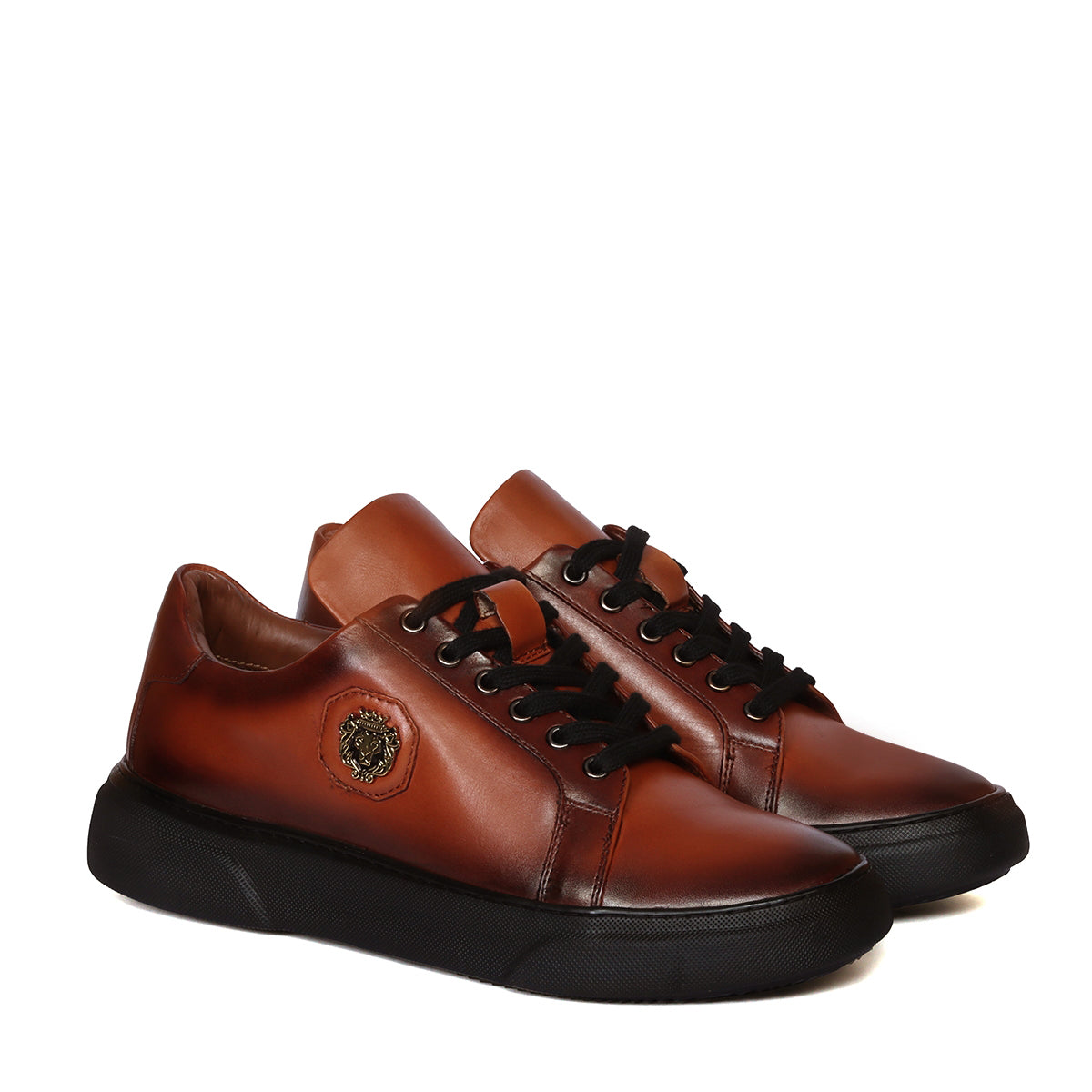Orangish Tan Leather Lace-up Sneakers with Metal Lion logo on Quarter