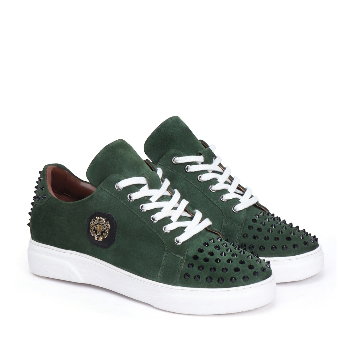 Studded Green Suede Leather Lace-Up Sneakers with Metal Lion logo on Quarter by Brune & Bareskin