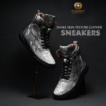 Black-White Sneaker with Stud Detailing Snake Skin Textured Leather