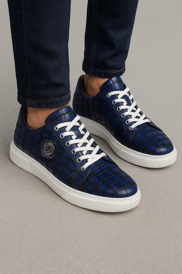 Blue Deep Cut Croco Leather White Sole Low Top Sneakers